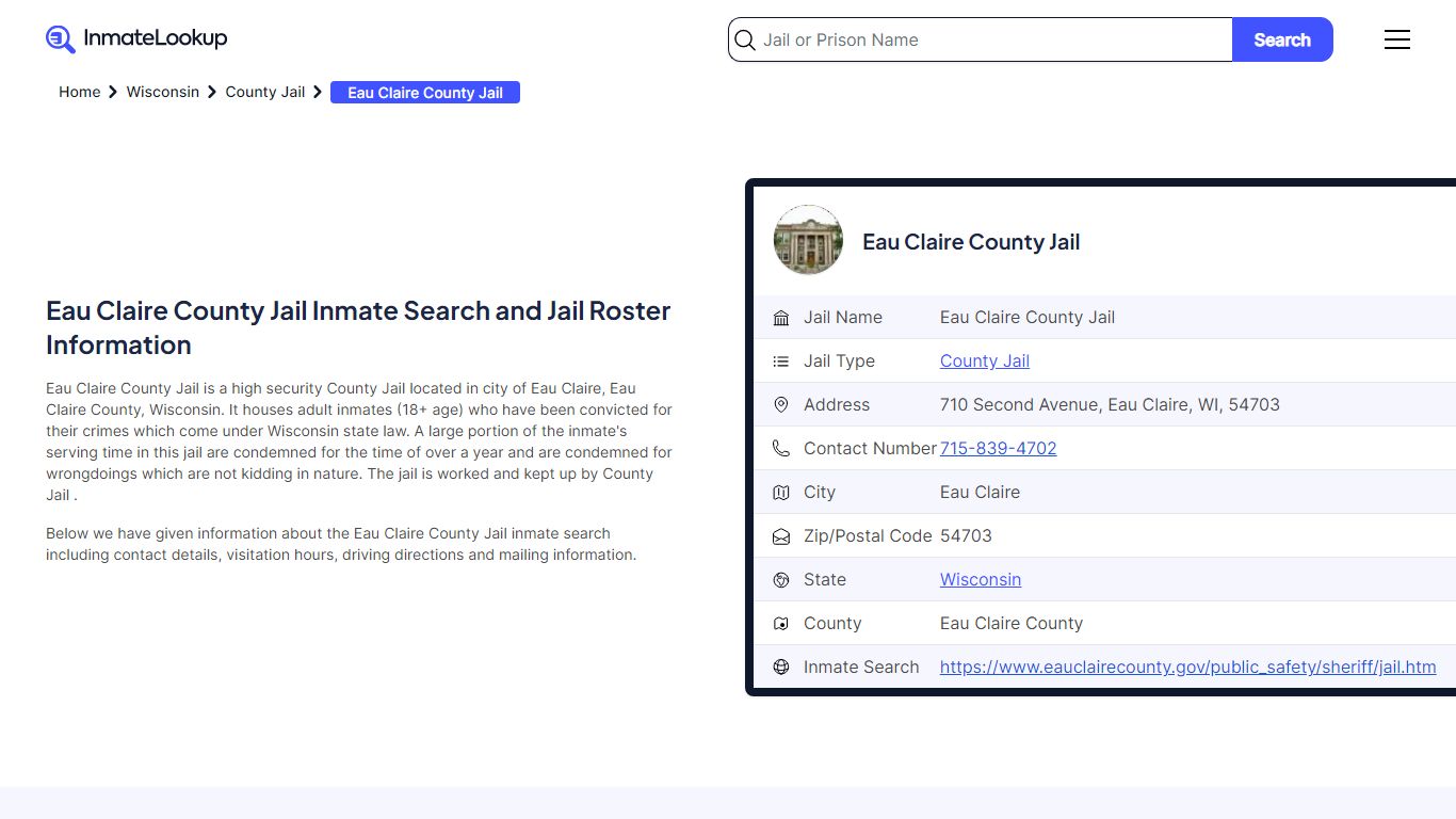 Eau Claire County Jail Inmate Search and Jail Roster Information